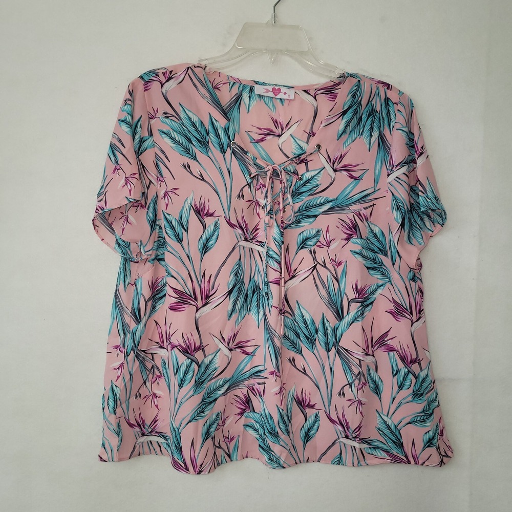 Buddy Love Tallulah‎ Blouse Womens Medium Pink Tropical Bird of Paradise Print